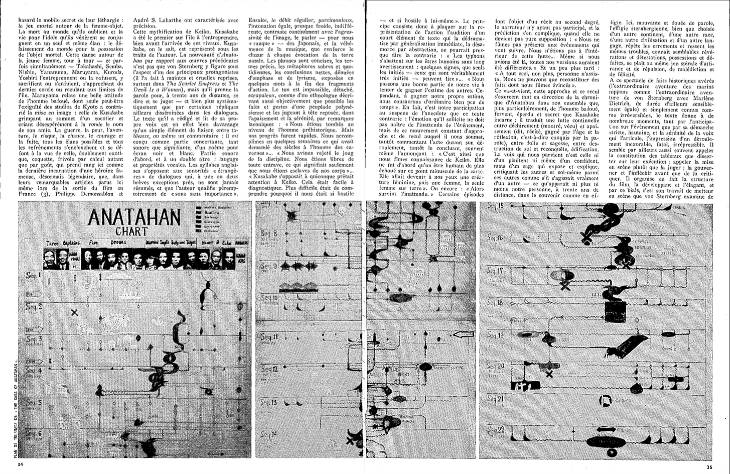 Cahiers du cinéma n°168, juillet 1965. Pages 34 et 35 : diagramme d'Anatahan en illustration d'« Une aventure de la lumière » de Claude Ollier.
