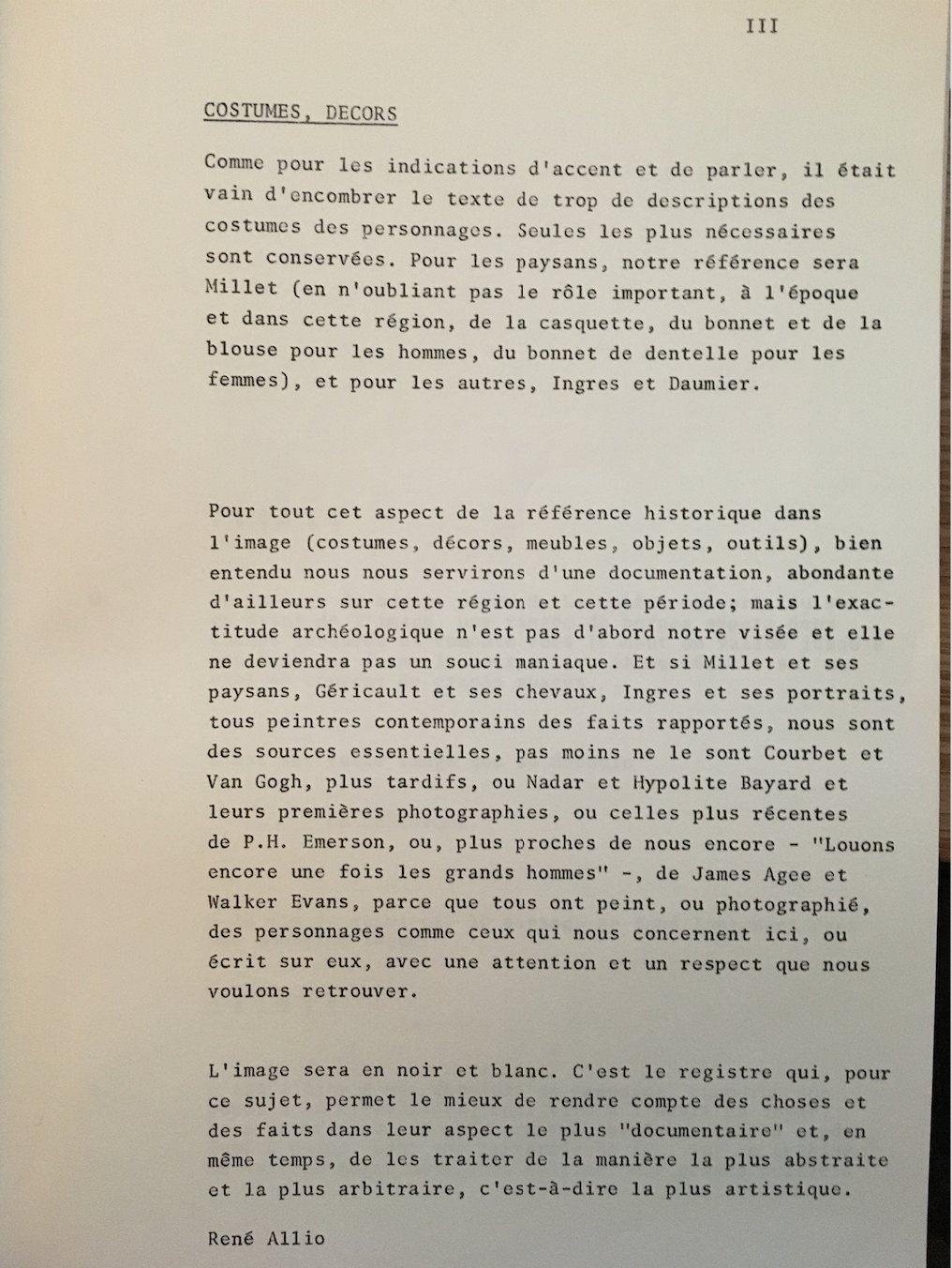 Trois pages extraites de la note d’intention de la version finale du scénario (Fonds Annette Guillaumin).